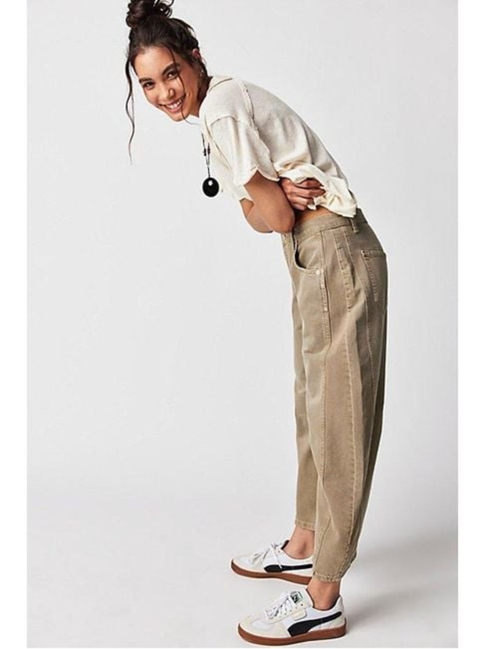 Free People We The Free Taupe Good Luck Mid Rise Barrel Jeans - Picture 3 of 14